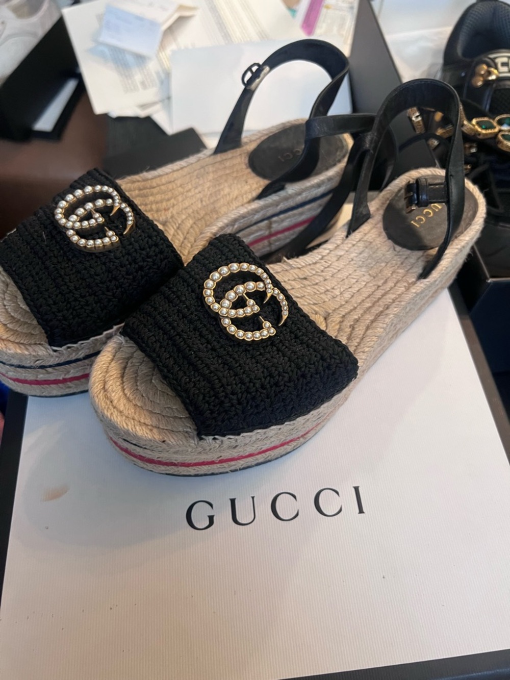 Gucci Black Raffia Platform Espadrille Sandals with Gold GG